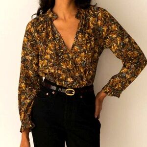 🎁🥂Like New Doen Women's Juna Brown/Navy Multi Organic Floral Blouse- XXL/14
